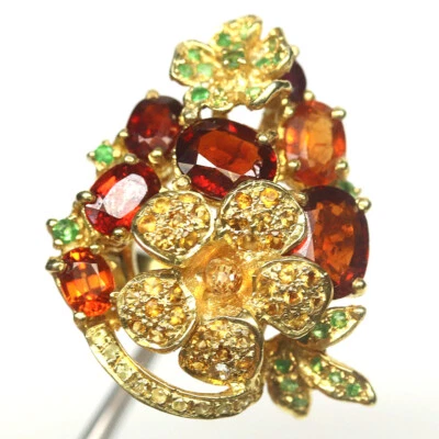 Edelstein Orange Spessartit, Tsavorit & Saphir Schmuckring 925 Silber Größe 8 - Bild 1 von 4