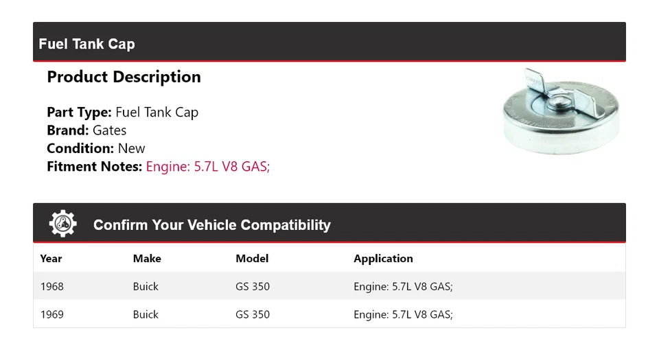 Para Buick GS 350 1968-1969 5,7 L V8 Gas Tanque Tapa Puertas Foto 2 de 4