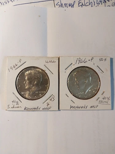 (2) 1966-P Kennedy Halves 40% Silver... 1-uncirculated and 1- Fine Condition