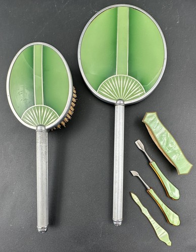 Vintage Art Deco Green Chrome Vanity Dresser Dressing Set Mirror Brush Comb - Picture 2 of 20