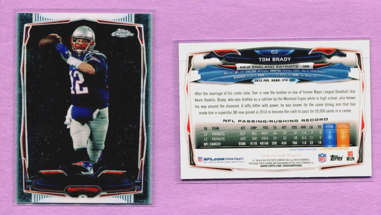 TOM BRADY NEW ENGLAND PATRIOTS 2014 TOPPS CHROME NFL FOOTBALL CARD #62