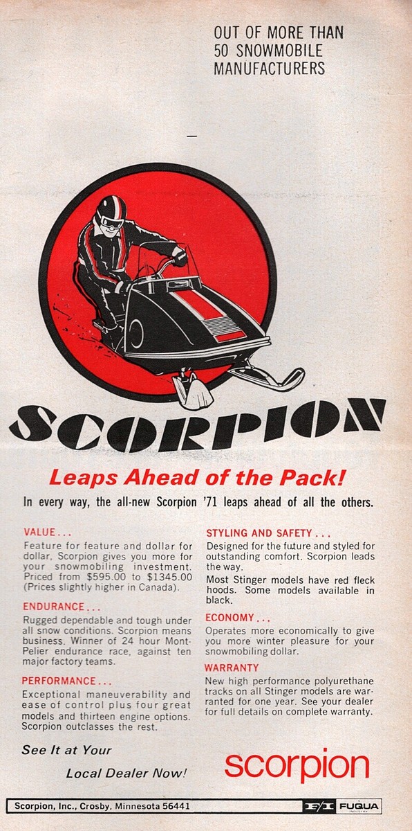 1971 Scorpion Stinger Snowmobile Original Print Ad