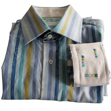 Robert Graham Mens 39 15-1/2 Cotton Striped Button Down Flip Cuff Shirt Medium