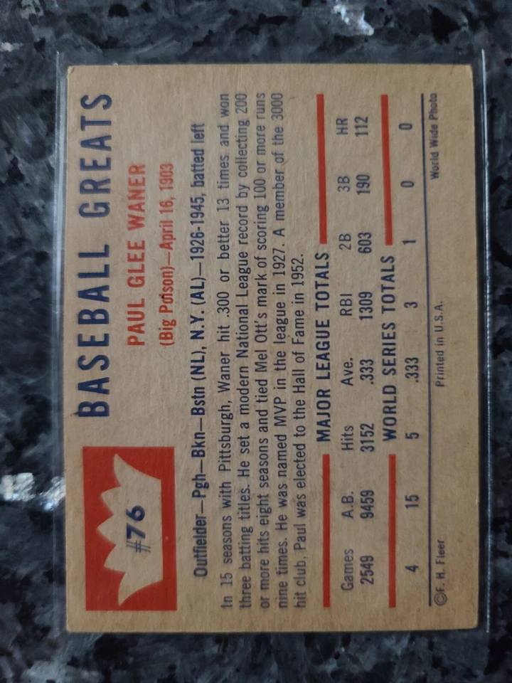 1960 Fleer Baseball Greats #76 Paul Waner Pirates, Bkn, Bos, Yankees Ex+, Bonito Foto 4 de 4