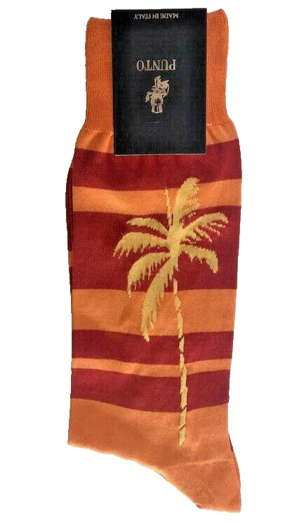 Punto Palm Tree Italian Mens Dress Socks Striped Red Orange Egyptian Cotton