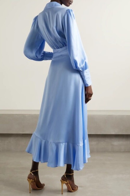 Zimmermann Blue Asymmetric Ruffled Silk Satin Midi Wrap