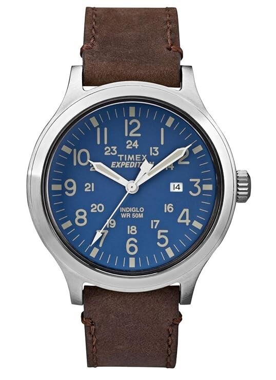 Timex Men's Expedition Scout 43 Brown Leather Strap Blue Dial