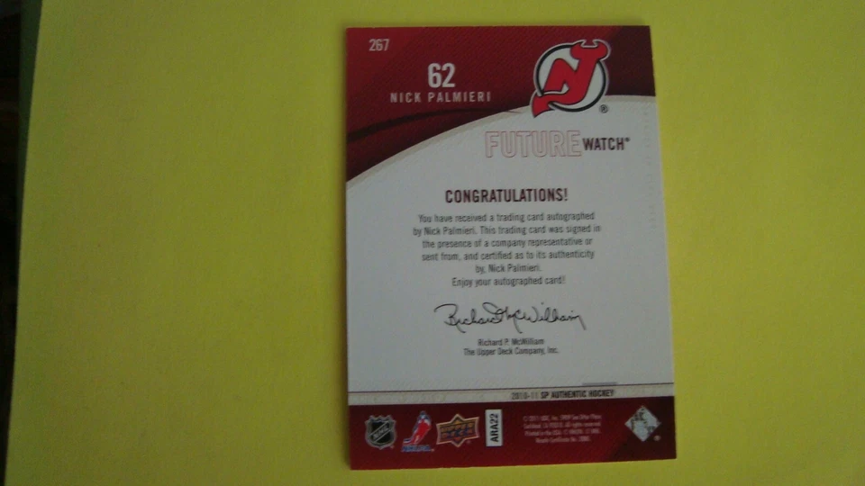 2010 11  SP AUTHENTIC  HOCKEY AUTOGRAPH  ROOKIE 267 Nick Palmieri 811/999 - Image 2 of 4