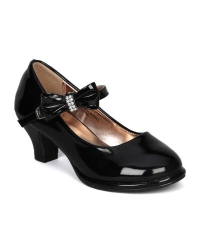 Toddler/Little Girl/Big Girl Patent Rhinestone Bow Mary Jane Kitten Heel Pump - Picture 8 of 18