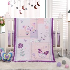 Mini Crib Bedding Set for Girls, 3 Pieces Floral Butterfly Baby Girl Bedding ...