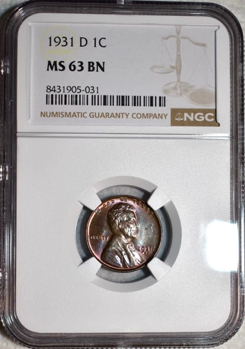 NGC MS-63 BN 1931-D Lincoln Cent, Attractively Toned, Tougher Date specimen.