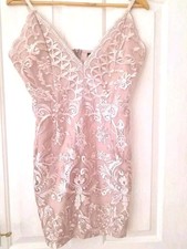 Pretty Little Thing Pink Embroidered Lace Plunge Fitted Bodcon Dress Uk 12