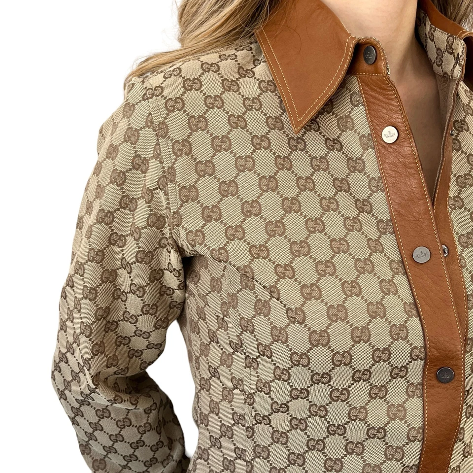 GUCCI Vintage GG Monograma Logo Camisa Chaqueta Top #38 Beige Marrón Lona Cuero Foto 3 de 4
