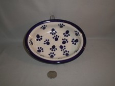 Plat bol à nourriture vintage en grès pour animaux bleu et crème imprimé pattes bottes et écorce 2000
