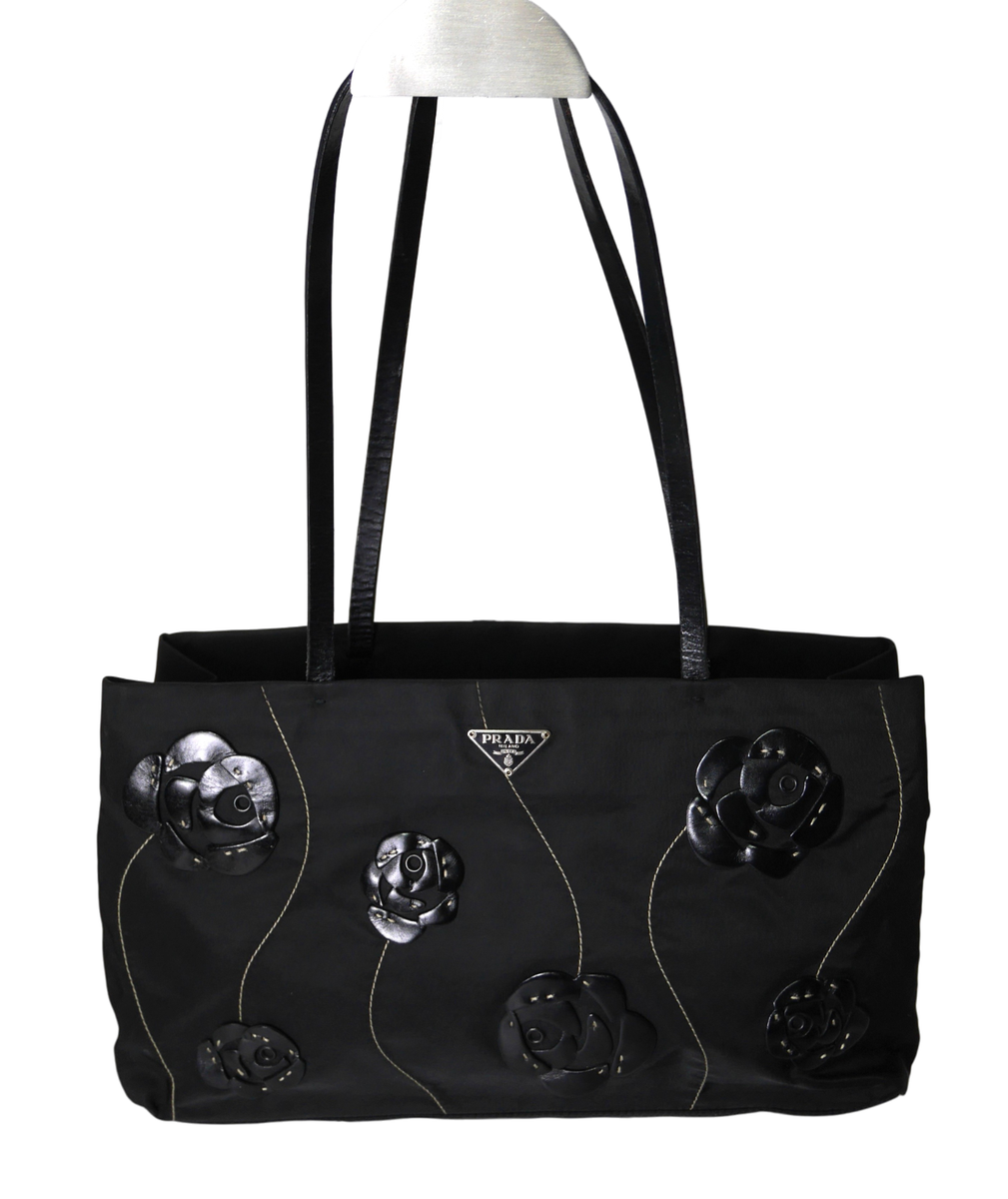 Prada Flower Handbag Black Nylon Tote Bag Shoulder Bag Triangle