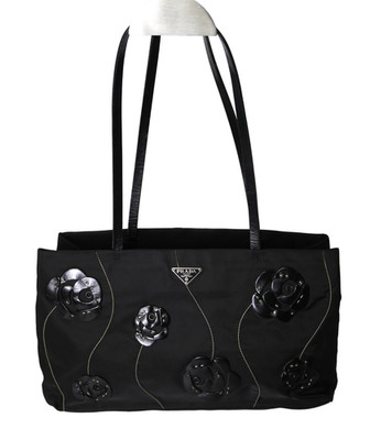 Prada Flower Handbag Black Nylon Tote Bag Shoulder Bag Triangle Logo Plate