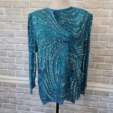 Vintage 80s Oleg Cassini Beaded Sequined Silk Blouse Teal Blue Glam Party