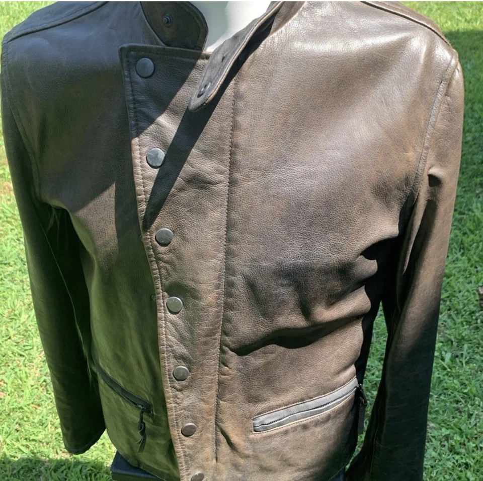 Chaqueta de cuero marrón de piel de cordero John Varvatos para hombre talla pequeña piel de oveja aviador Foto 3 de 4