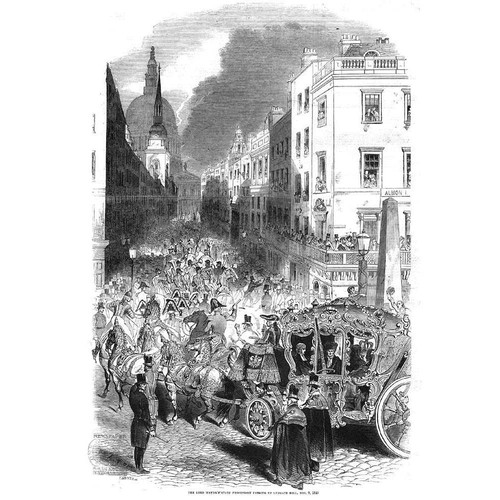 LONDON Lord Mayors Procession on Ludgate Hill - Antique Print 1843