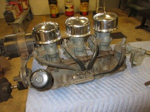 EDELBROCK SU 349 MANIFOLD CARBS FUEL BLOCK GENERATOR FAN FLATHEAD V8