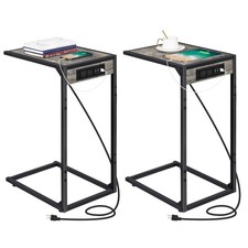 Set of 2 C Shaped End Table Charging Station Snack Side Table Beside Couch Table