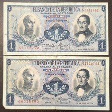 COLOMBIA 1972 Un Peso Oro 2 Banknotes