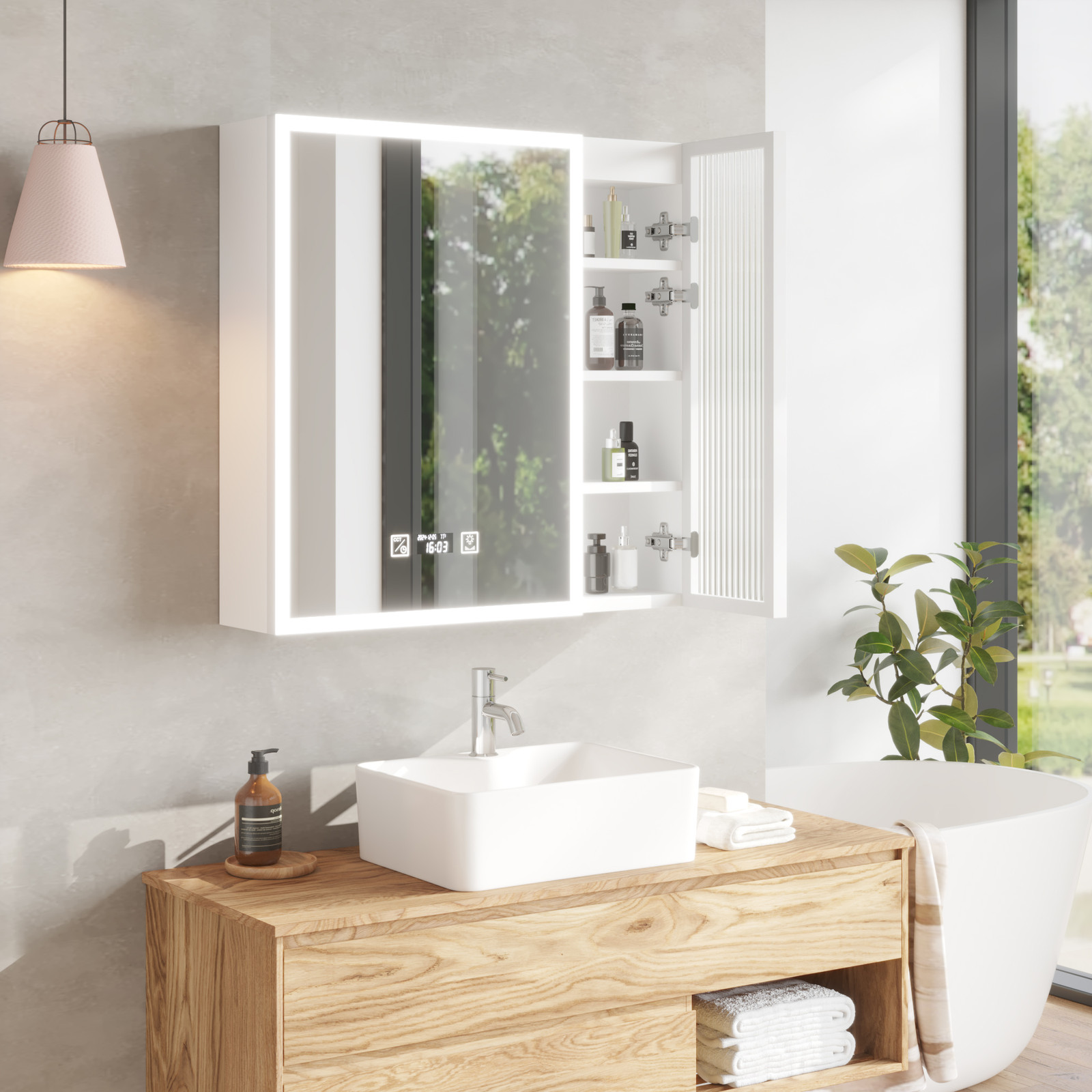 28x28" LED Mirrored Medicine Cabinet for Bathroom w/ USB Power Outlet Wall Mount