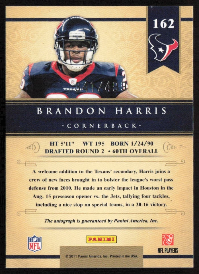 2011 Panini Gold Standard Auto Silver /499 Brandon Harris #162 Rookie Texans - Image 2 of 2