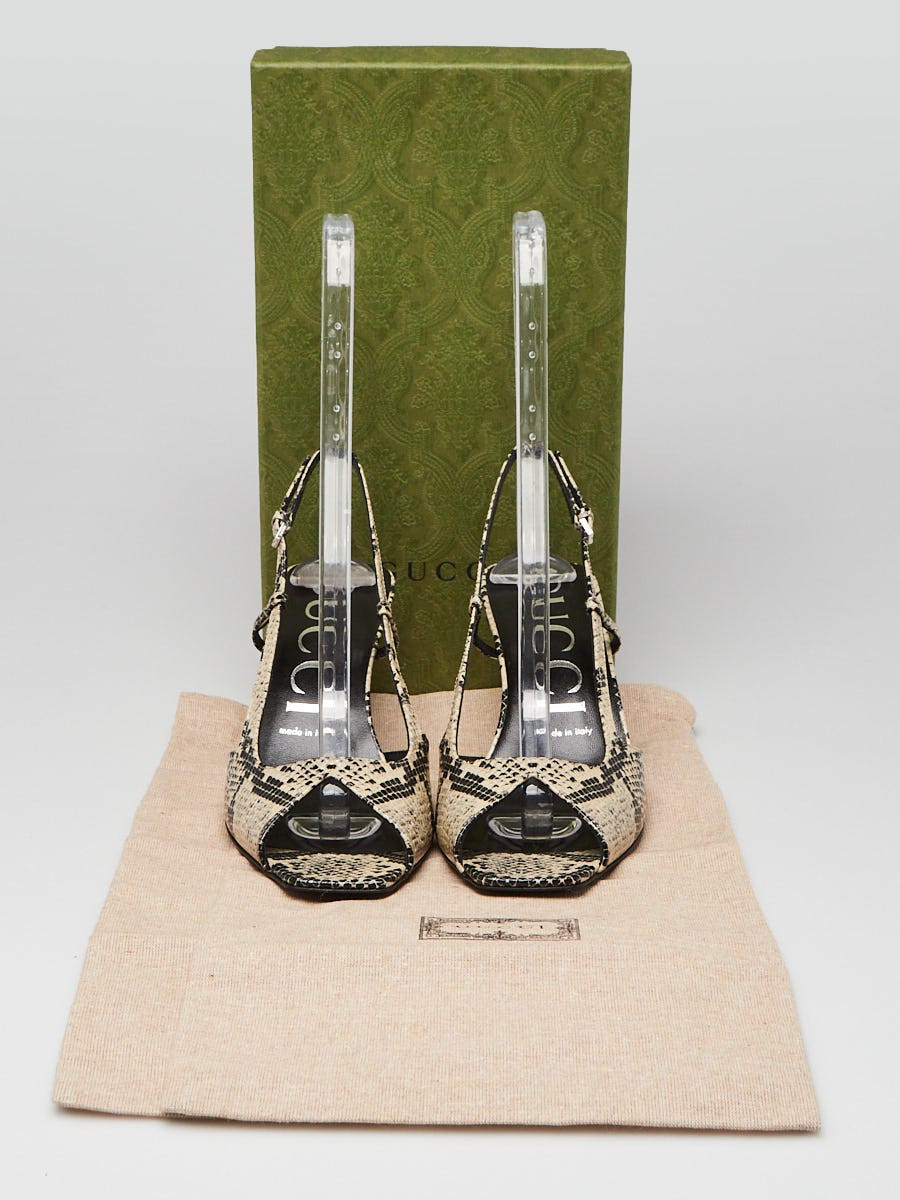 Gucci Black/Beige Python Printed Leather Peep Toe… - image 5