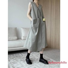 Women Japanese Irregular Pocket Sleeveless Shirt Dress Loose Design Casual Dress