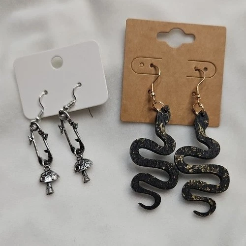 Set of 2 Pairs Wood Snake Metal Mushroom Goth Steampunk Halloween Earrings NWOT