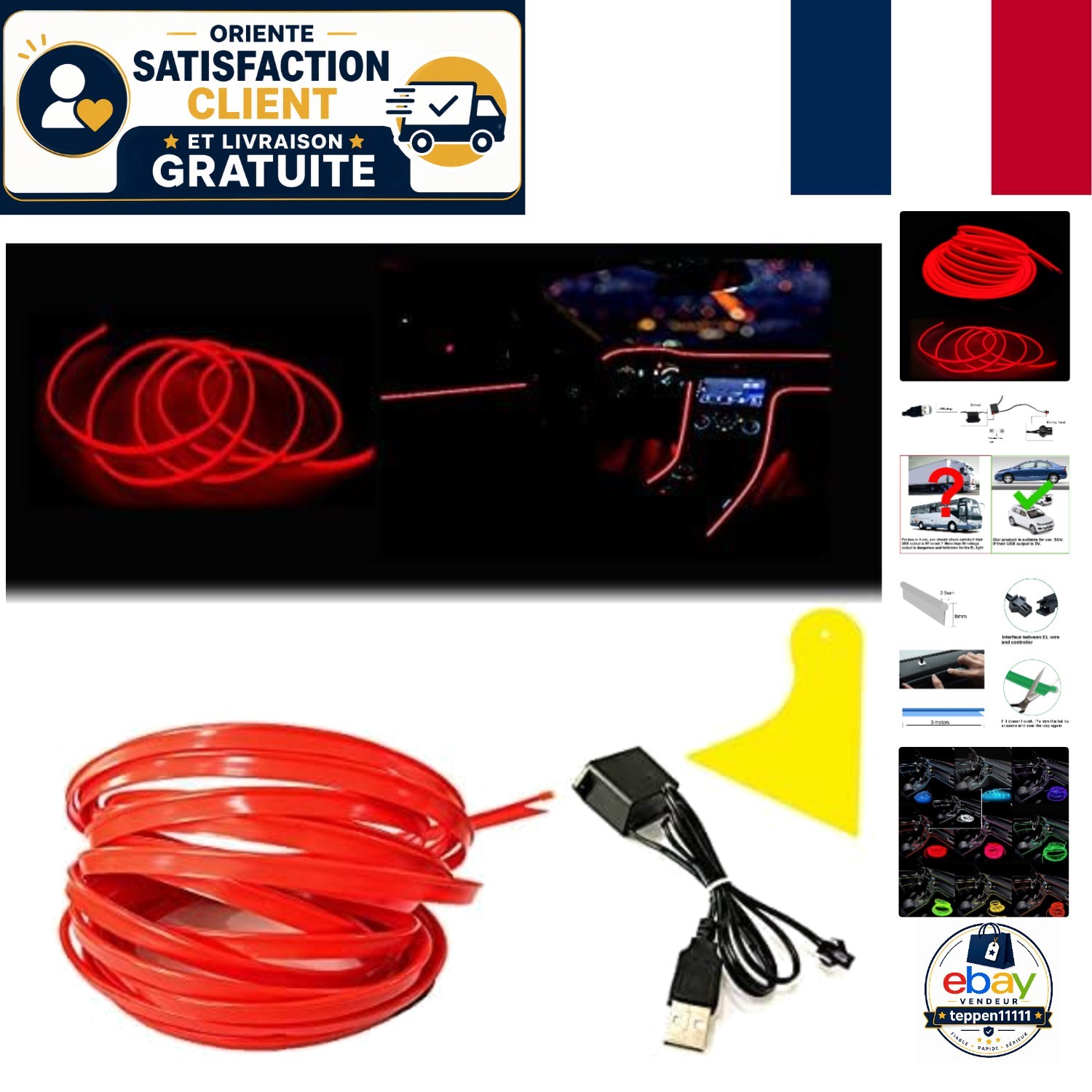 Bande lumineuse LED rouge car 3m ruban néon intérieur 12V avec fusible