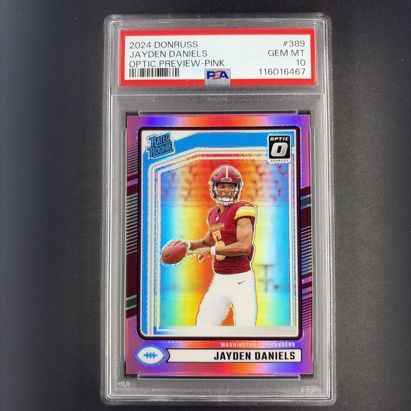 2024 Panini Donruss Rated Rookie Jayden Daniels #389 Optic Preview Pink PSA 10