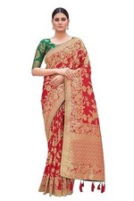 Women's Banarasi Silk Blend Woven Zari With Tussles Saree Jacquard Woven Blouse