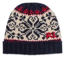 Image of NWT Polo Ralph Lauren Knit Hat Beanie Wool Blend Fair Isle Snowflake Nordic