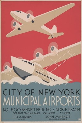  ️ City of New York Municipal Airports Poster - Art Deco Travel - 24x36  -