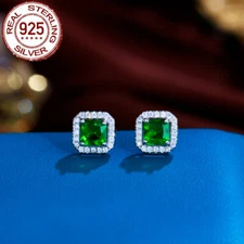 Square Silver Plated CZ Green Stud Earrings 925 Sterling Silver for Women Ladies