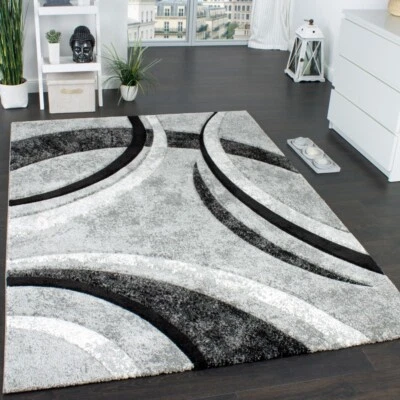 Designer Teppich mit Konturenschnitt Muster Gestreift Grau Schwarz Creme Meliert - Bild 1 von 3