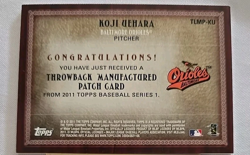 2011 Topps Koji Uehara Orioles & 2012 Jermey Hellickson Relic Tampa Bay Patches - Image 2 of 4