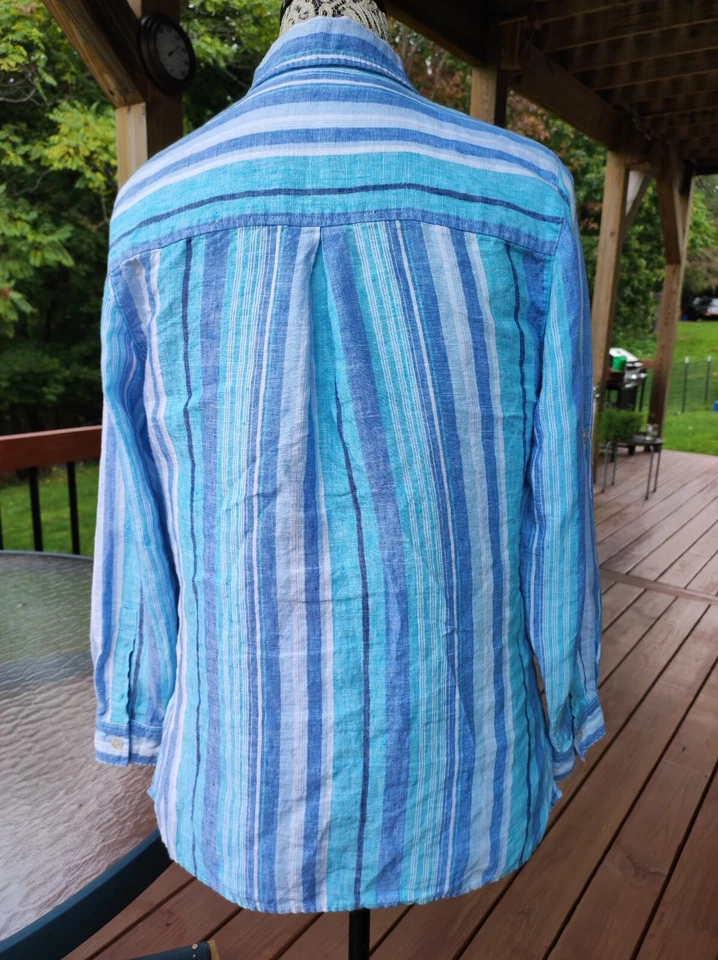 Studio Works 女式长款 Slv 束腰上衣衬衫亚麻条纹蓝色 S 码贝壳扣 — 第 4/4 张图片