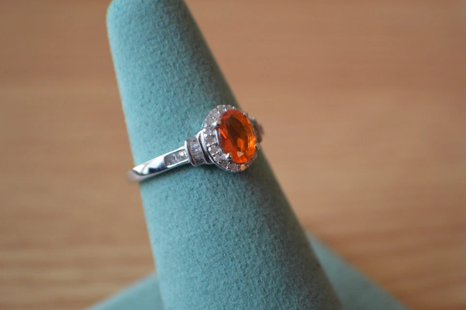 0.75ct Mexican Jalisco Fire Opal / Diamond Ring Platinum over Fine Silver Size 7 - Image 2 of 4