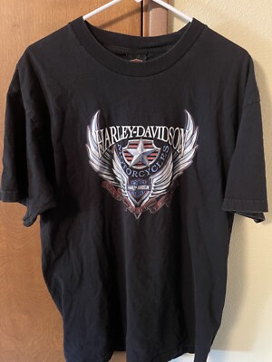 Vintage Harley-Davidson Mens XL Black Shirt Eugene Oregon Motorcycle Wings Star