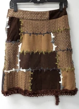 SALE*ANTHROPOLOGIE HAZEL~S SMALL~SKIRT~PATCH KNIT~ART TO WEAR BOHO SKIRT/FUR TRM
