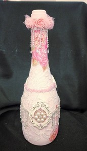 Handcrated, Embellished Decorative Bottle In Shabby Chic Style 12" Tall