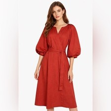 Banana Republic Rust Orange Blouson Cotton Puff Sleeves Wrap Dress Size XL