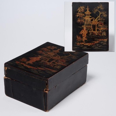 English Regency Japanned Gold Black Chinoiserie Trinket Jewelry Box 19th Century
