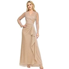 Betsy & Adam MAGGIE Metallic Long Sleeve Gown Champagne Gold Pleated Dress 6 l