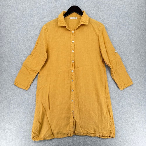 Francesca Bettini Linen Shirt Dress Womens M Boho Yellow Italy Roll Tab Sleeve