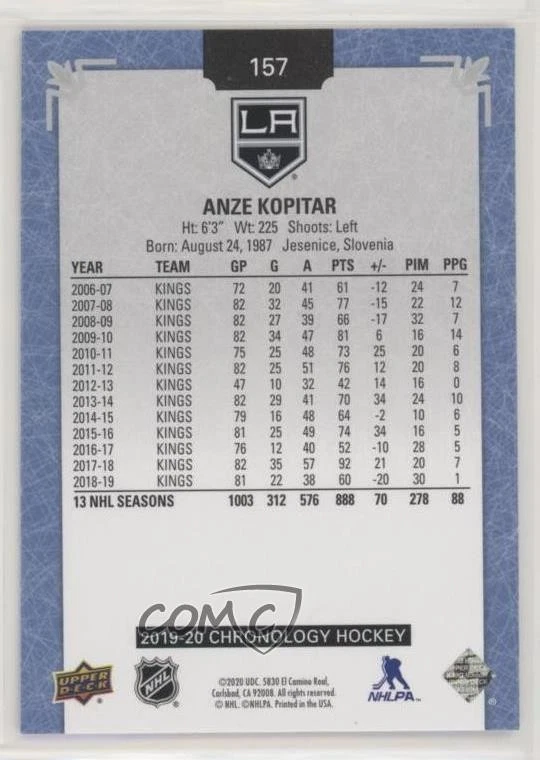 2019-20 Upper Deck Chronology Metallic Blue /122 Anze Kopitar #157 - Image 2 of 2