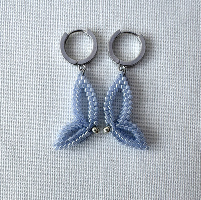 Light Blue Seed Bead Earrings, Handmade Moth Miyuki Beaded Huggie Earrings